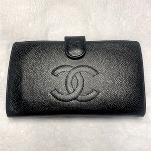CHANEL VINTAGE 24K Gold Black Kiss Lock CC Bi-Fold Wallet WOC